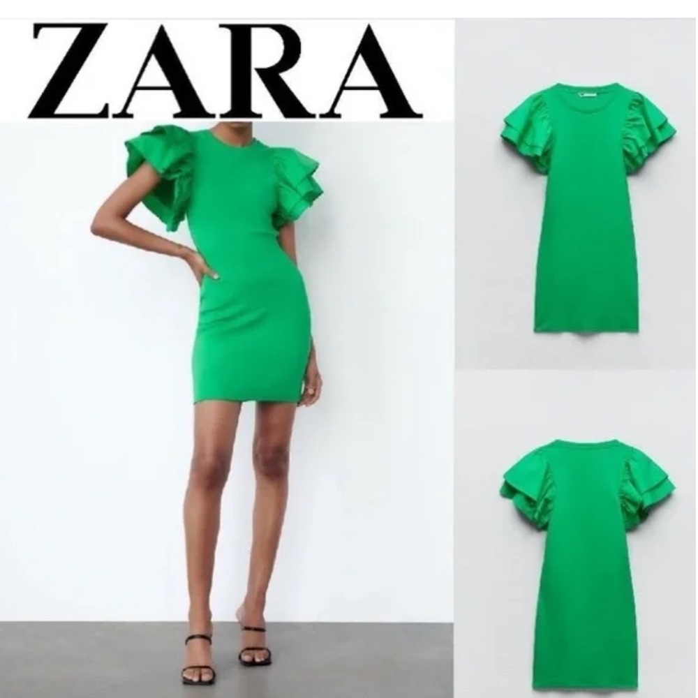 NWT Zara Green Ruffle Sleeve Mini Dress